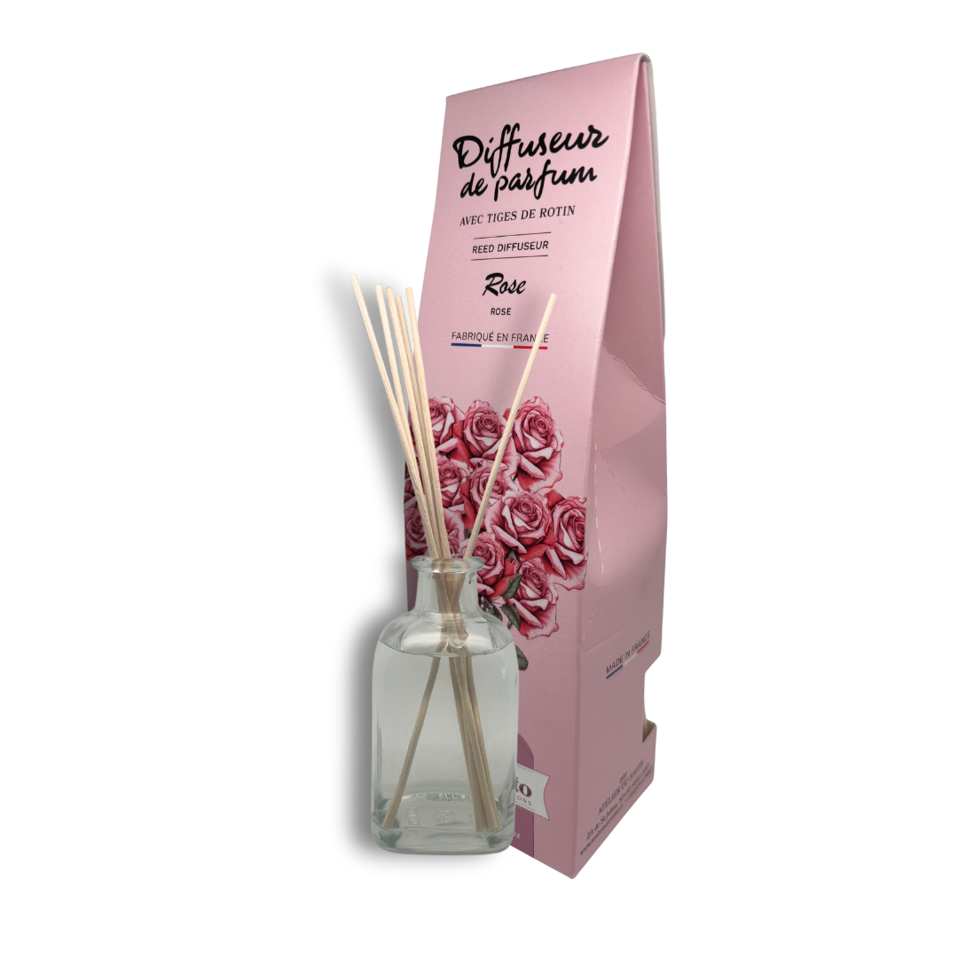 Diffuseur de parfum Rose 100ml, aux essences de Grasse, diffusion constante pour une atmosphère florale et raffinée.