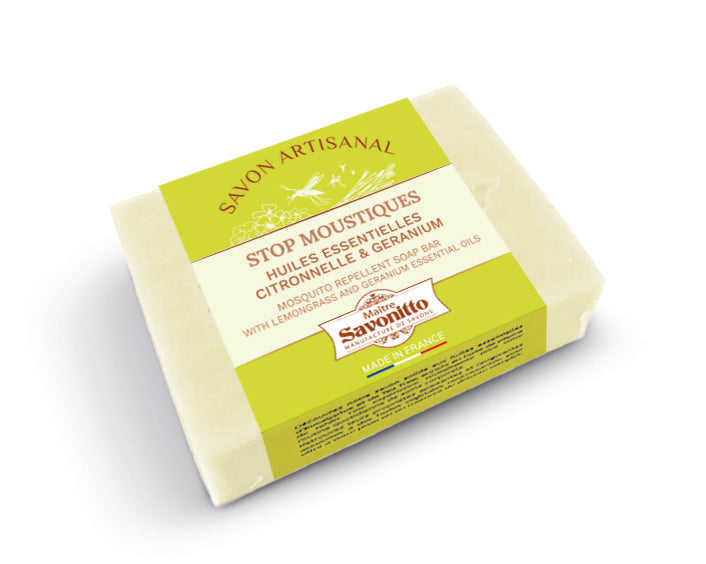 Savon artisanal anti-moustique citronnelle et géranium 100g, savon solide aux ingrédients naturels.