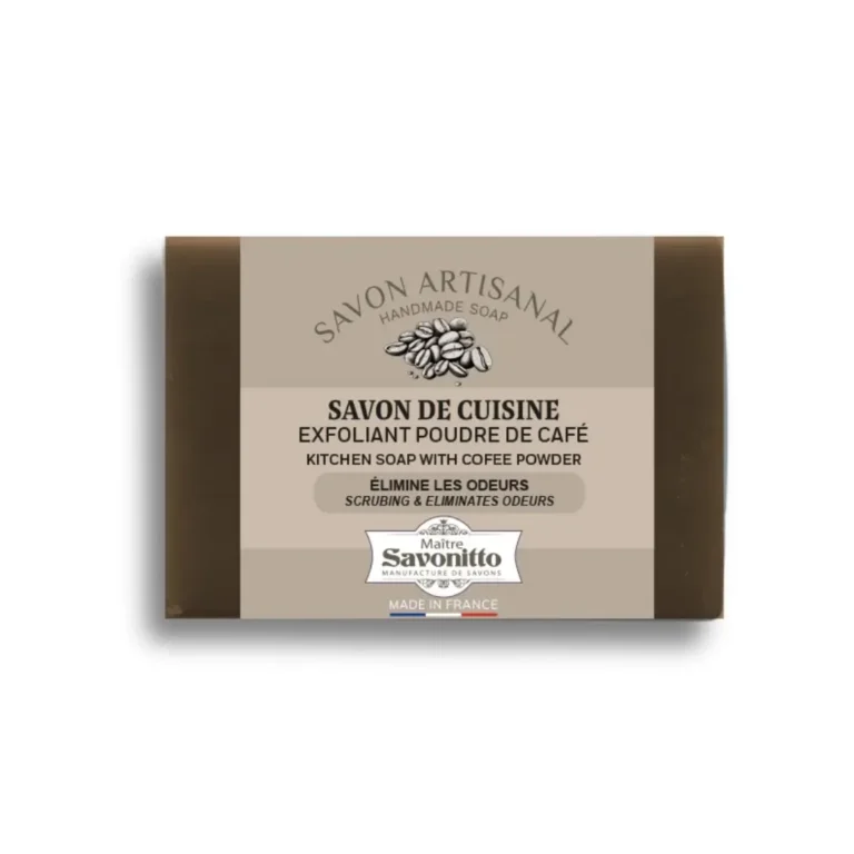 Savon exfoliant artisanal au café 100g, spécialement conçu pour l’usage en cuisine.