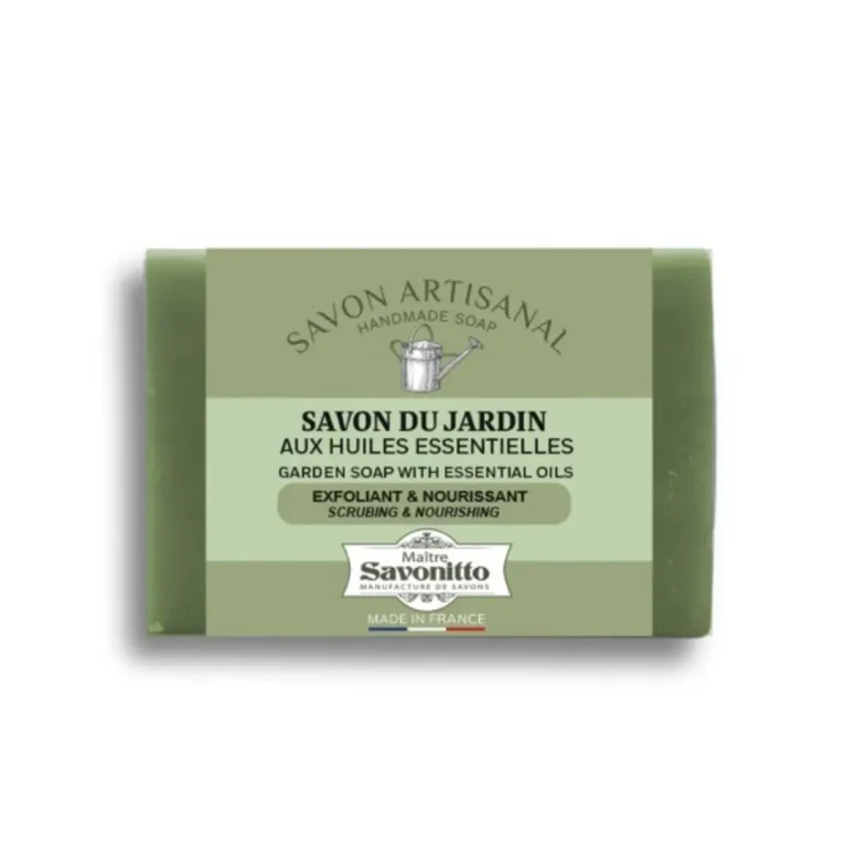 Savon artisanal menthe poivrée et verveine 100g, conçu pour l’usage après le jardinage
