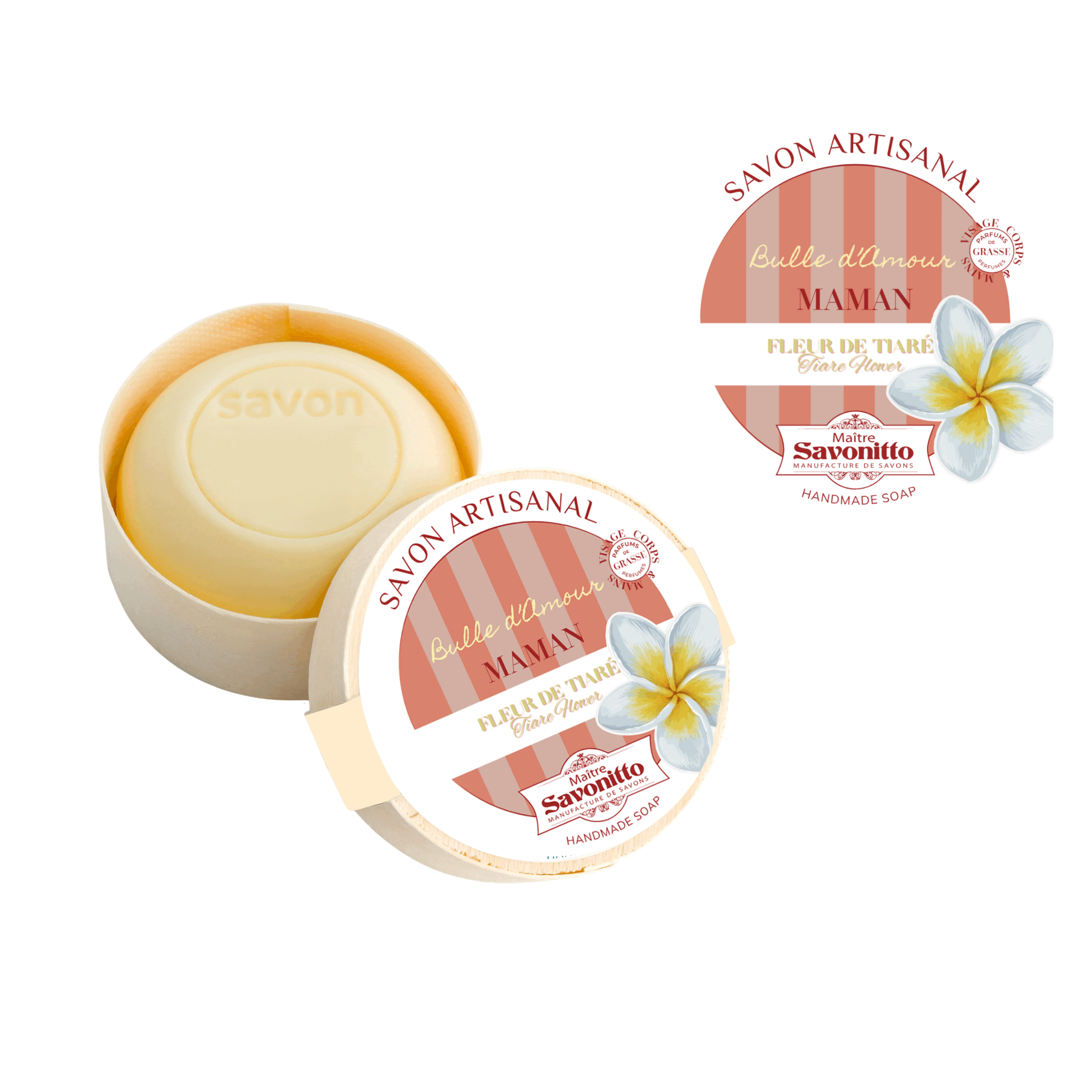 Savon artisanal Fleur de Tiaré 100g édition spéciale Fête des Mères, présenté en pain.