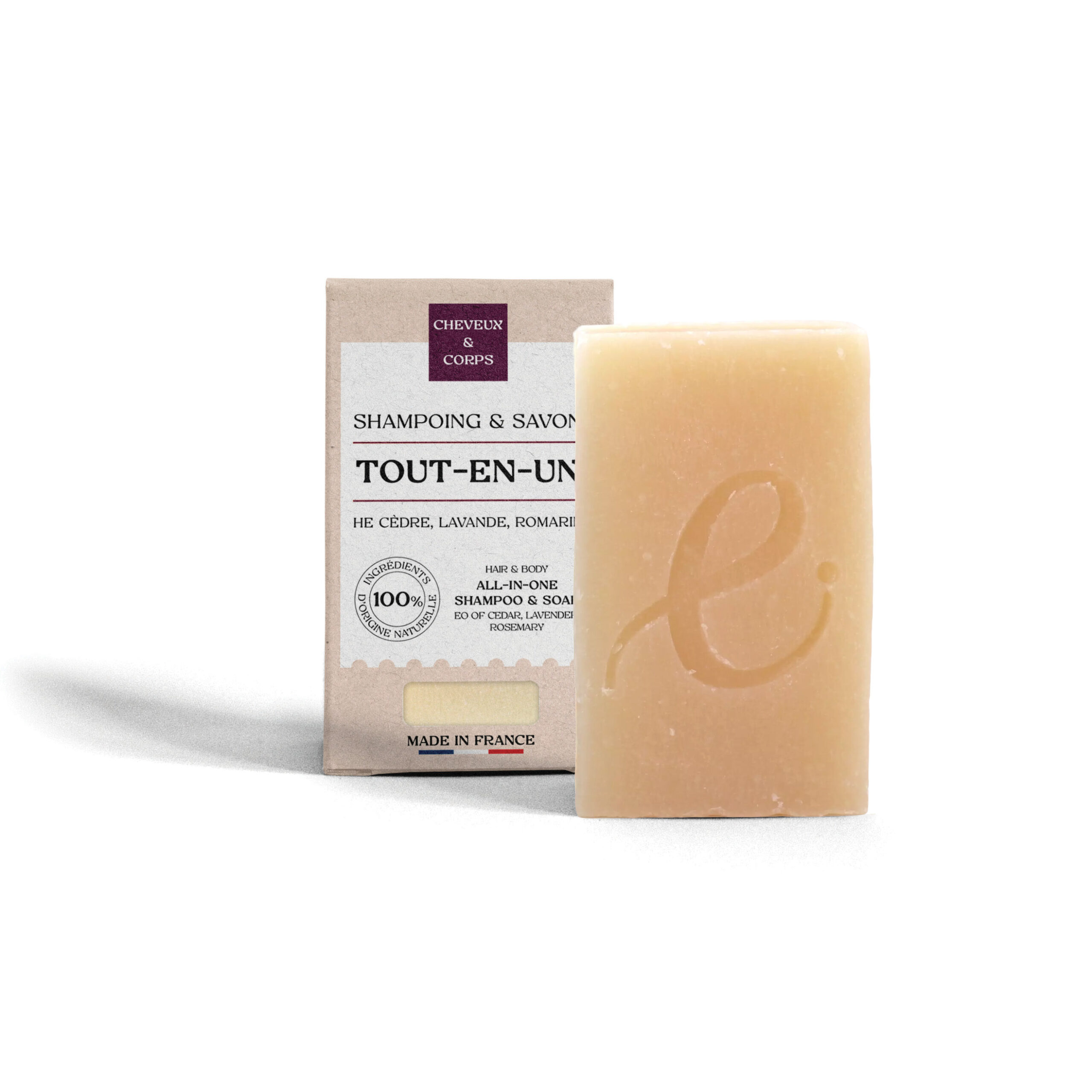 savon tout en un Savon-shampoing solide tout-en-1 100g, certifié COSMOS Organic, usage corps et cheveux.