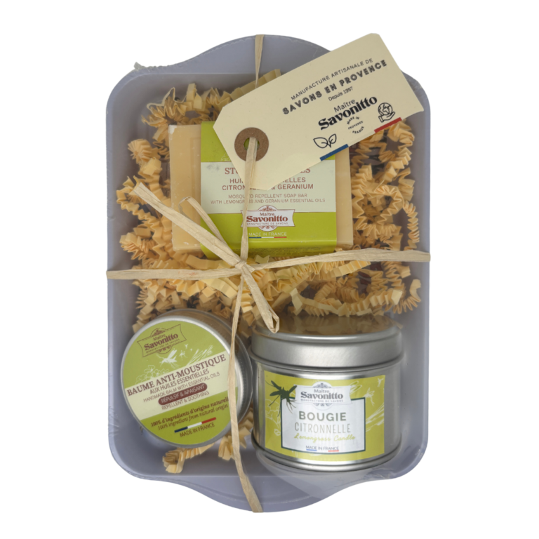 Coffret artisanal protecteur à la citronnelle, rituel répulsif et apaisant présenté dans son format nomade pour l'été.