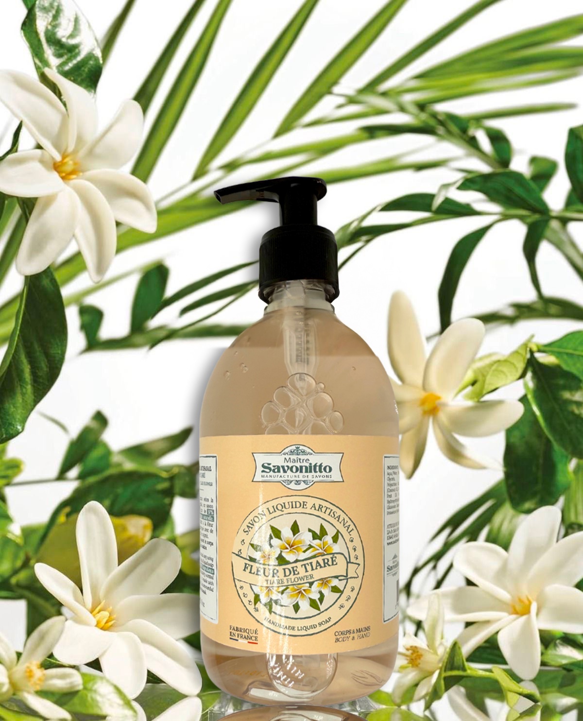 Flacon de savon liquide artisanal fleur de tiaré 500ml pour les mains et le corps.
