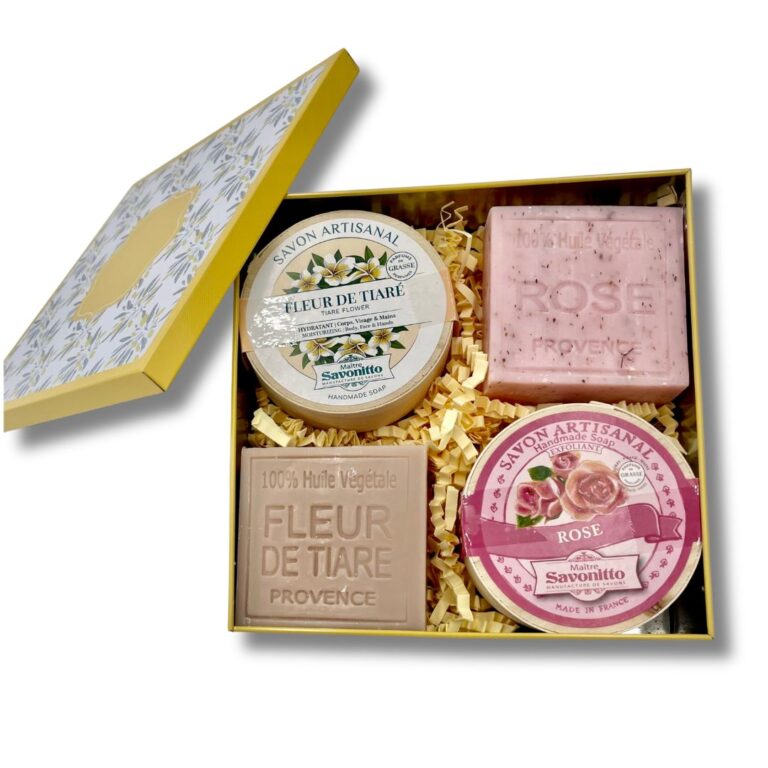Coffret artisanal Tiaré et Rose, escale sensorielle fleurie et délicate présenté dans sa boîte en métal illustrée