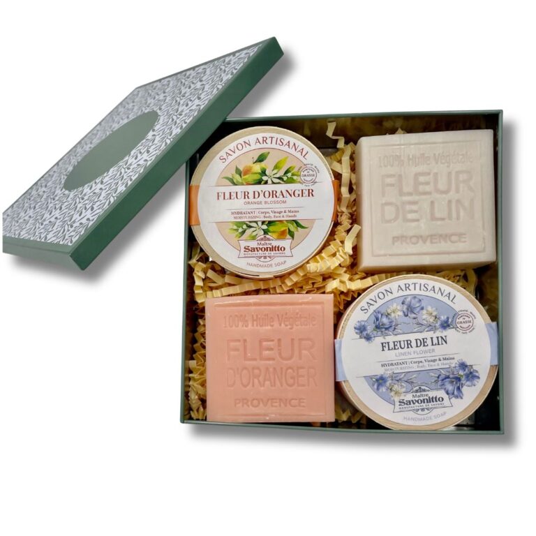 Coffret artisanal Fleur d'Oranger et Fleur de Lin, bouquet floral délicat et sensoriel présenté dans sa boîte en métal.